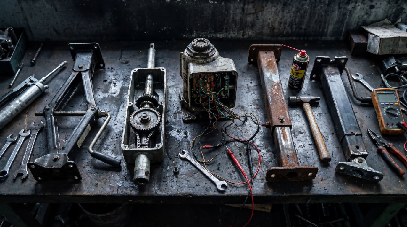 Disassembled trailer jack parts on a workbench for troubleshooting gears, wiring, and structural damage.
